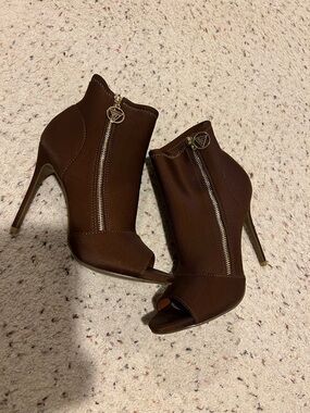 Guess Brown Peep-Toe Stiletto Ankle Boots with Gold Zipper